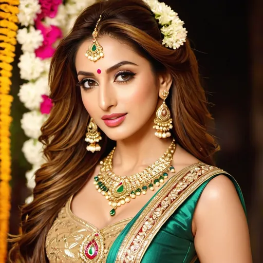 Prompt: An attractive Pakistani woman, a perfect woman, (Iman Ali of Lahore + Mehwish Hayat), her face perfectly serene, her body perfectly relaxed. 
Standing. 
Apparel: (In traditional odissi-dance costume and jewelry, deep neck, short bodice, low waist:1.3)
Hair: (2-yard long hair, braided with gold-ribbons:1.3). 
A dappled shaft of warm sunlight focusses light on her perfect midriff.
Nature worship. Indian aesthetic.
(Full body shot, full view of her whole form:2.0)
Ethereal, hyper-real.