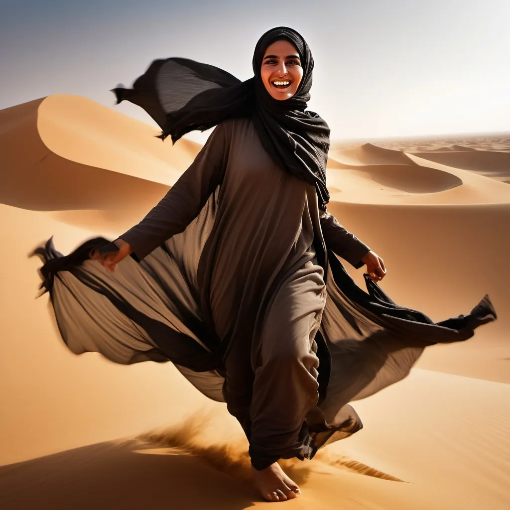 Prompt: Beautiful young happy Bedouin Woman, running, her burkha flutters aloft in the wind-swept Sahara Desert (front view), (near-up), (radiant joy), pose revealing supple grace, strong lighting creating highlights and shadows, rolling dunes, rich textural details, (high-definition), (camera shake:1.6), (dirty frame:1.6), edgy and playful composition, elevating mood.