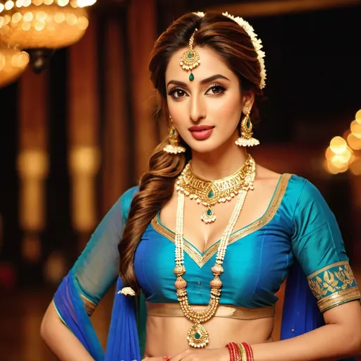 Prompt: An attractive Pakistani woman, a perfect woman, (Iman Ali of Lahore + Mehwish Hayat), her face perfectly serene, her body perfectly relaxed. 
Standing. 
Apparel: (In traditional bharatanatyam costume and jewelry, deep neck, short bodice, low waist:1.3)
Hair: (2-yard long hair, braided with gold-ribbons:1.3). 
A dappled shaft of warm sunlight focusses light on her perfect midriff.
Nature worship. Boho aesthetic.
(Full body shot, full view of her whole form:2.0)
Ethereal, hyper-real.