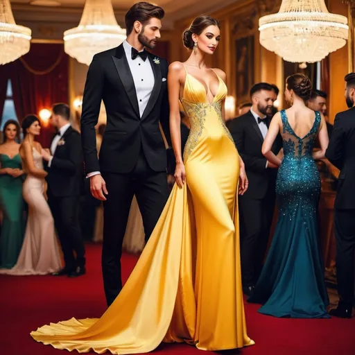 Prompt: A tall woman at the ball will enthrall all men who call on her to fall for her