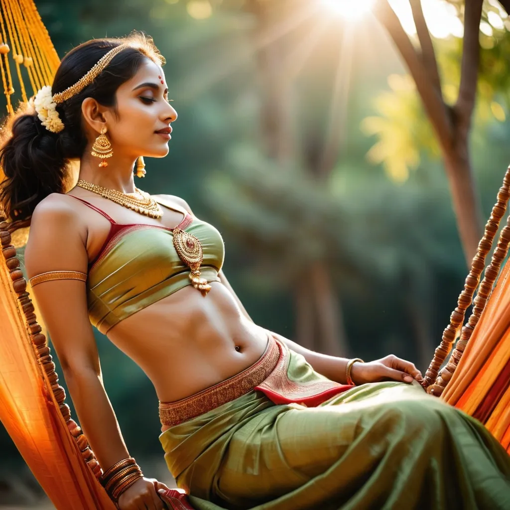 Prompt: An attractive Pakistani woman, a perfect woman, in traditional bharatanatyam costume and jewelry, her face perfectly serene, her body perfectly relaxed, lying stretched on a jute-rope hammock. A gentle shaft of warm sunlight focusses light on her perfect midriff.
Nature worship. Boho aesthetic.
Full shot, Side-on profile view of her whole form.
Ethereal, hyper-real.