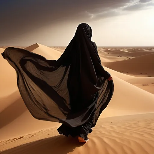 Prompt: Lovely Bedouin Woman, her burkha flutters in the wind-swept Sahara Desert (rear view), (near-up), (elegant sensitivity), strong lighting creating highlights and shadows, sweaty skin, rolling dunee, straining pose revealing strong grace, rich textural details, (high-definition), edgy and dense composition, dramatic mood.