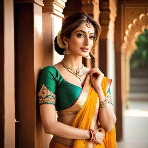 Prompt: An attractive Pakistani woman, a perfect woman, (Iman Ali of Lahore + Mehwish Hayat), her face perfectly serene, her body perfectly relaxed. 
Standing. 
In traditional bharatanatyam costume and jewelry, short bodice, low waist.
Silk-zari-swathes stretch in random directions, behind her form. 
A dappled shaft of warm sunlight focusses light on her perfect midriff.
Nature worship. Boho aesthetic.
Full shot, view of her whole form.
Ethereal, hyper-real.