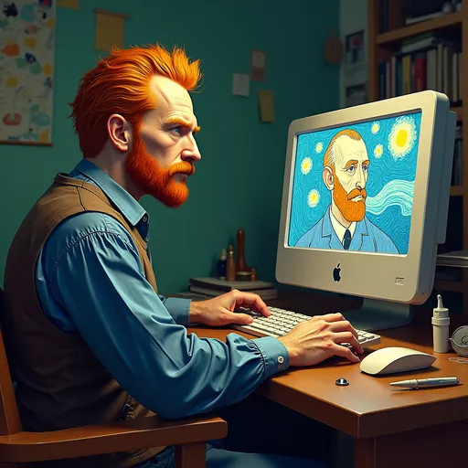 Prompt: Vincent van Gogh seated at an Apple Workstation, creating a digital self-portrait, in Vincent van Gogh style.