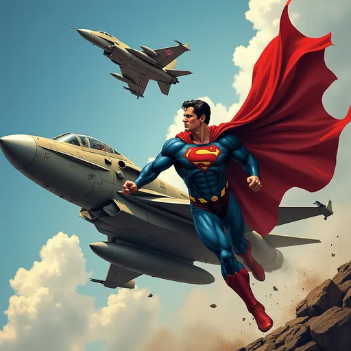 Prompt: Superman appearing on a variant cover of Action Comics.
Confronting a futuristic fighter aircraft piloted by Lex Luthor.
Art by Jason Fabok.
Mythic Heroic theme.
Mood of danger, suspense.
Values of courage, resourcefulness.