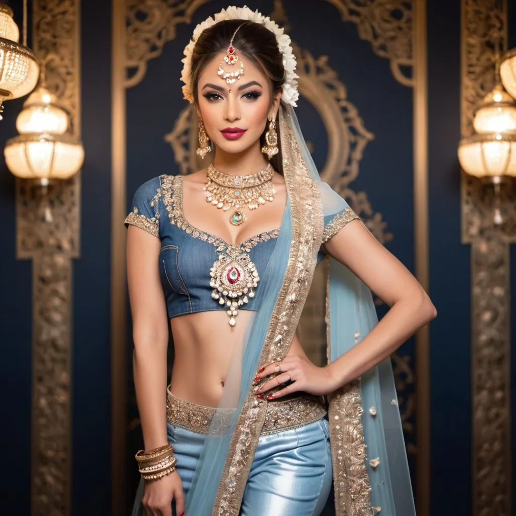 Prompt: Denim Bride Style Guide.
Full shot of a beautiful, well-proportioned, physically-attractive, woman, standing, with graceful sway, looking at us. South Asian beauty standards.
In a mirrored ante-room.
Adorned with bindi, necklaces, earrings, flowers in the hair, finger rings, bangles, armlets, waistbands, ankle-bells, kajal-eye-liner, toe-rings, henna-tattoo, perfume, sandal wood paste, flowing silk shawl and lower silk garment.
Glamor with Grace.
Very decent woman, able to evoke awe and admiration. Fascination.