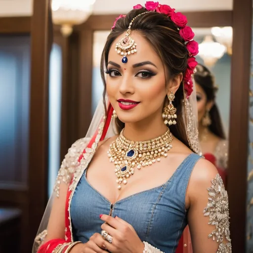 Prompt: Denim Bride Pride.
Full shot of a beautiful, well-proportioned, physically-attractive, woman, standing, with graceful sway, looking at us. South Asian beauty standards.
In a mirrored ante-room.
Adorned with bindi, necklaces, earrings, flowers in the hair, finger rings, bangles, armlets, waistbands, ankle-bells, kajal-eye-liner, toe-rings, henna-tattoo, perfume, sandal wood paste, flowing silk shawl and lower silk garment.
Glamor with Grace.
Very decent woman, able to evoke awe and admiration. Fascination.