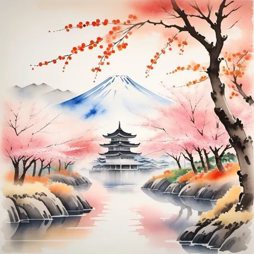 Prompt: A Japanese traditional watercolor:
Cherry trees in bloom,
Autumn comes,
Heaven also is not eternal...