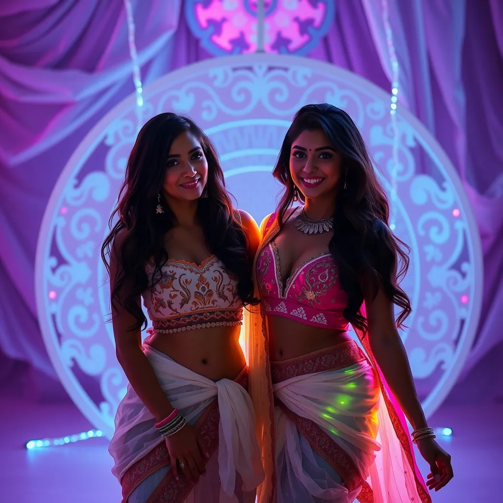 Prompt: (2girls), Remarkable Gorgeous Attractive Beautiful Lovely Women in rather revealing blouse and ghagra, friendly rivalry.
Glamor Portfolio photoshoot. (Surreal backdrop)
LoRA:Glowing-Body-Flux-LoRA