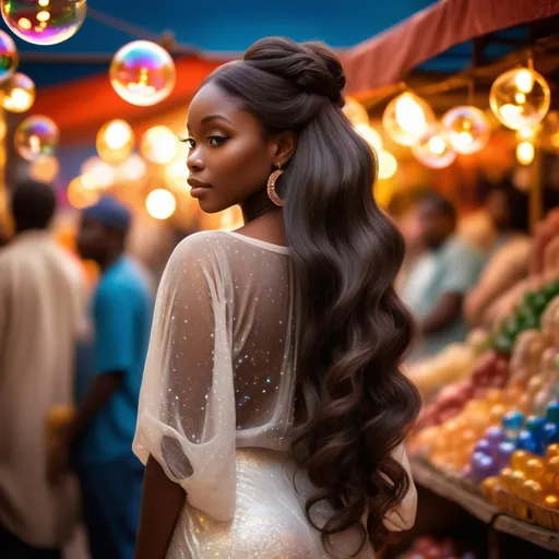 Prompt: Lovely Nigerian lady in marketplace (rear view), (near-up), (elegant sensitivity), long wavy hair, soft warm lighting, glistening skin, floating iridescent big bubbles, comfy and inviting mood, delicate pose revealing grace, rich textural details, (high-definition), reverie, nostalgic mood.