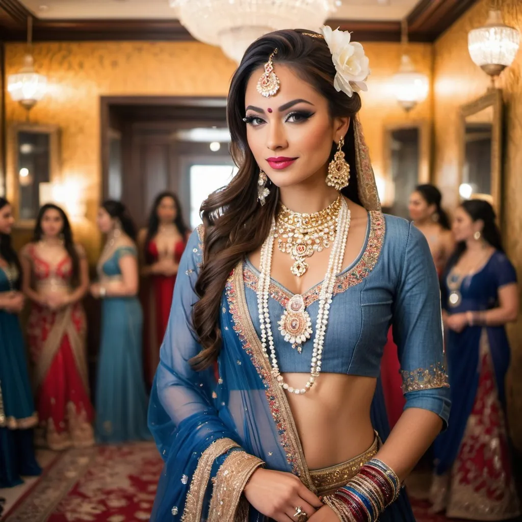 Prompt: Denim Bride Pride.
Full shot of a beautiful, well-proportioned, physically-attractive, woman, standing, with graceful sway, looking at us. South Asian beauty standards.
In a mirrored ante-room.
Adorned with bindi, necklaces, earrings, flowers in the hair, finger rings, bangles, armlets, waistbands, ankle-bells, kajal-eye-liner, toe-rings, henna-tattoo, perfume, sandal wood paste, flowing silk shawl and lower silk garment.
Glamor with Grace.
Very decent woman, able to evoke awe and admiration. Fascination.