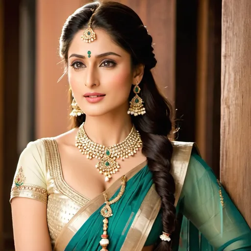 Prompt: An attractive woman, a perfect woman, (Ayeza Khan:0.4 + Katrina Kaif:0.4), her face perfectly serene, her body perfectly relaxed. 
Standing. 
Revealing Apparel > (In traditional odissi-dance costume and jewelry, deep neck, short bodice, low waist:1.3)
Healthy Hair > ( Knee-length long braided hair:1.6). 
Scene > Outdoors. Nature worship. Boho aesthetic. A dappled shaft of warm sunlight focusses light on woman's perfect midriff.
(Full body shot:2.0).
Ethereal, hyper-real.