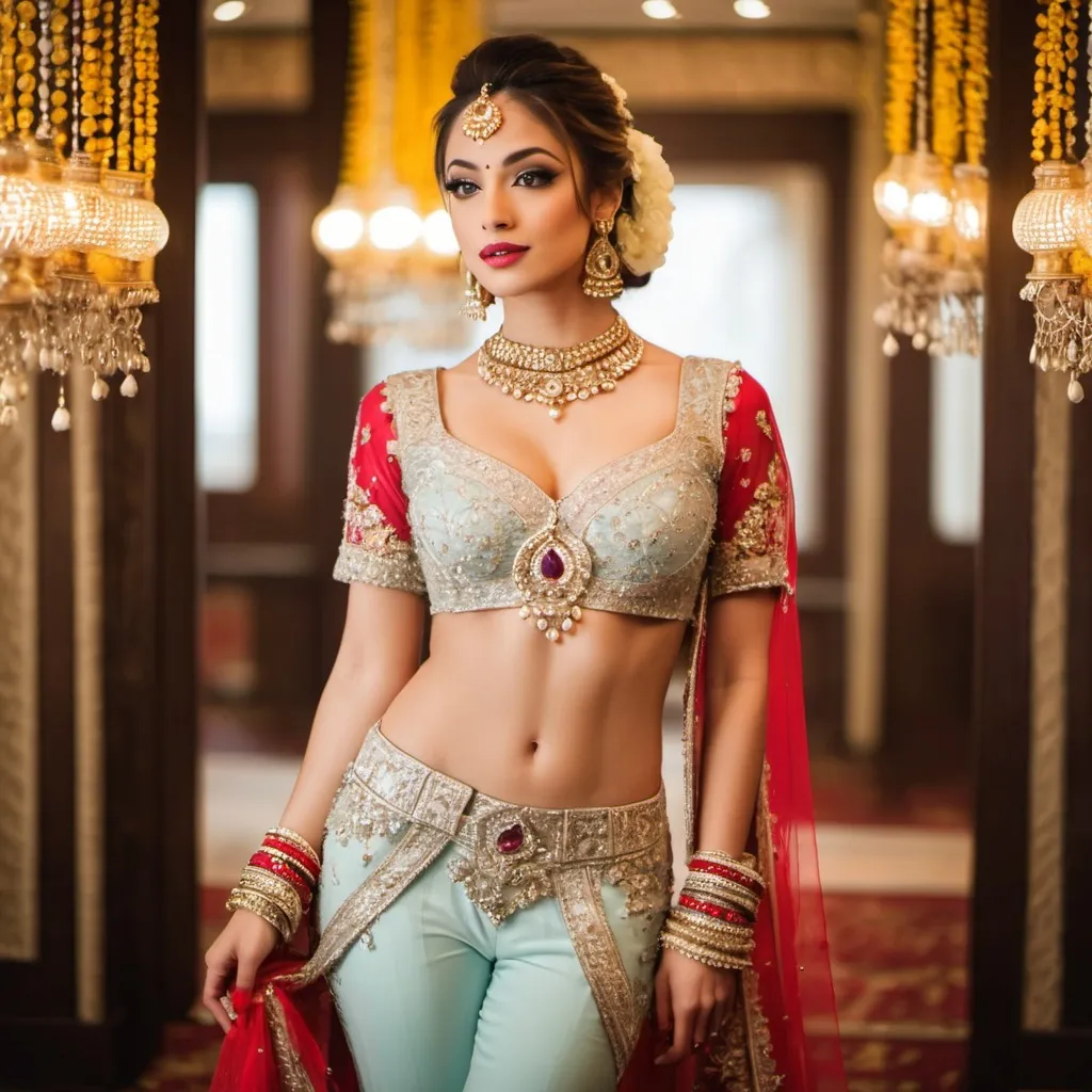 Prompt: Full shot of a beautiful, well-proportioned, physically-attractive, woman, standing, with graceful sway, looking at us. South Asian beauty standards.
A bride, in a mirrored ante-room.
Adorned with bindi, necklaces, earrings, flowers in the hair, finger rings, bangles, armlets, waistbands, ankle-bells, kajal-eye-liner, toe-rings, henna-tattoo, perfume, sandal wood paste, flowing silk shawl and lower silk garment.
Glamor with Grace.
Very decent woman, able to evoke awe and admiration. Fascination.