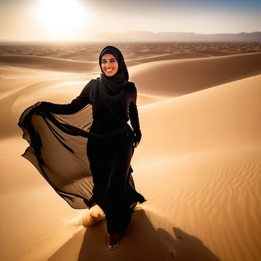 Prompt: Beautiful young happy Bedouin Woman, standing stock-still, on side of frame, her burkha flutters aloft in the wind-swept Sahara Desert (front view), (near-up), (radiant joy), pose revealing supple grace, strong lighting creating highlights and shadows, rolling dunes, rich textural details, (raw image), (camera shake), (dirty frame), edgy and playful composition, elevating mood, (peripheral blur), (background blur).