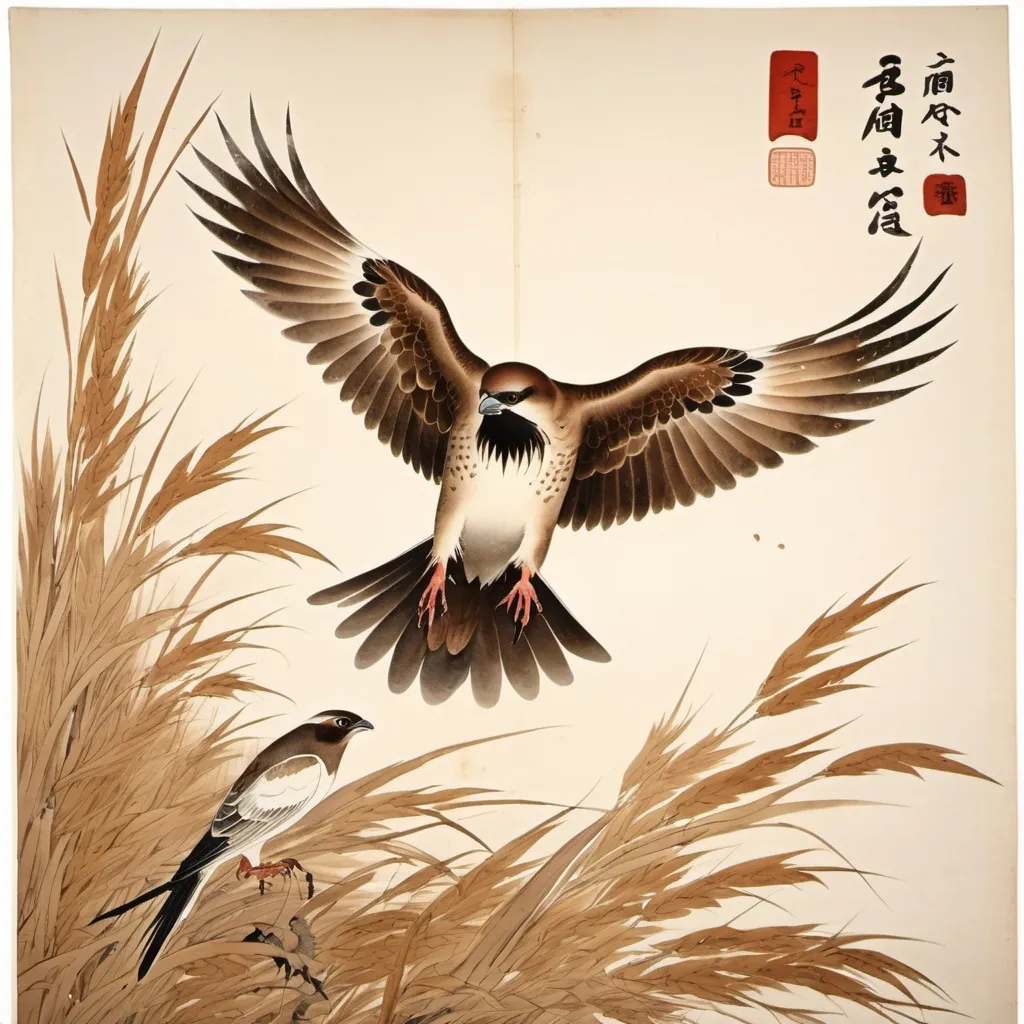 Prompt: A Japanese traditional watercolor:
Sparrow hunts grain, 
Eagle hunts Sparrow,
Time hunts Eagle.
All Ends...