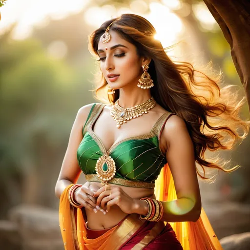 Prompt: An attractive Pakistani woman, a perfect woman, (Iman Ali of Lahore), in traditional bharatanatyam costume and jewelry, her face perfectly serene, her body perfectly relaxed. 
Standing amidst a radiating swirl of silk-zari-swathes. A gentle shaft of warm sunlight focusses light on her perfect midriff.
Nature worship. Boho aesthetic.
Full shot, view of her whole form.
Ethereal, hyper-real.