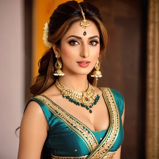 Prompt: An attractive Pakistani woman, a perfect woman, (Iman Ali of Lahore + Mehwish Hayat), her face perfectly serene, her body perfectly relaxed. 
Standing. 
Apparel: (In traditional odissi-dance costume and jewelry, deep neck, short bodice, low waist:1.3)
Hair: (2-yard long hair, braided with gold-ribbons:1.3). 
A dappled shaft of warm sunlight focusses light on her perfect midriff.
Nature worship. Indian aesthetic.
(Full body shot:2.0), (full view of her whole form:2.0)
Ethereal, hyper-real.