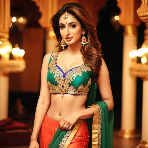 Prompt: An attractive Pakistani woman, a perfect woman, (Iman Ali of Lahore + Mehwish Hayat), her face perfectly serene, her body perfectly relaxed. 
Standing. 
(Apparel: In traditional bharatanatyam costume and jewelry, deep neck, short bodice, low waist.)
Silk-zari-swathes stretch in random directions, behind her form. 
A dappled shaft of warm sunlight focusses light on her perfect midriff.
Nature worship. Boho aesthetic.
Full shot, view of her whole form.
Ethereal, hyper-real.