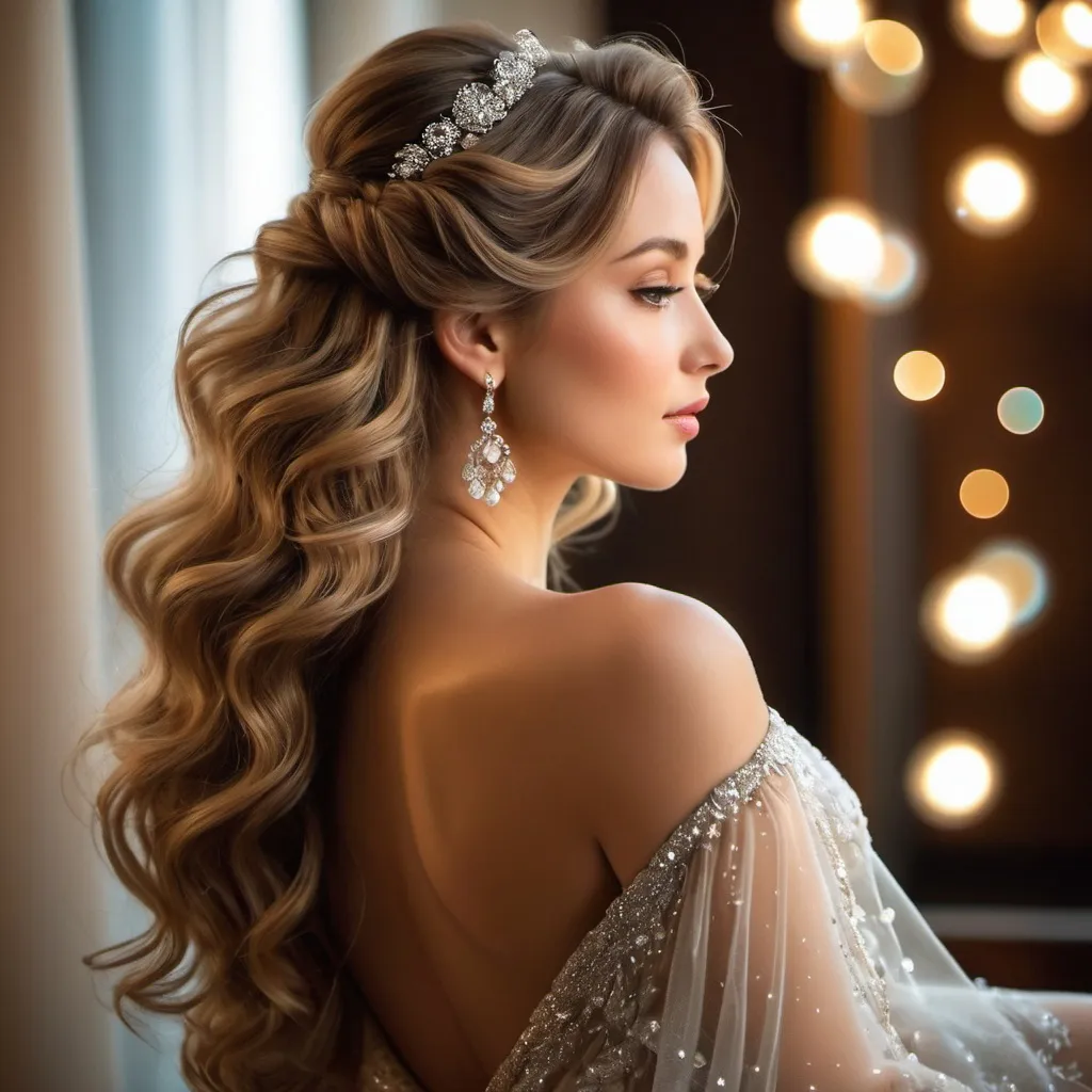 Prompt: Lovely lady in her pomp (rear view), (near-up), (elegant sensitivity), long wavy hair, soft warm lighting, glistening skin, floating iridescent big bubbles, comfy and inviting mood, delicate pose revealing grace, rich textural details, (high-definition), reverie, nostalgic mood.