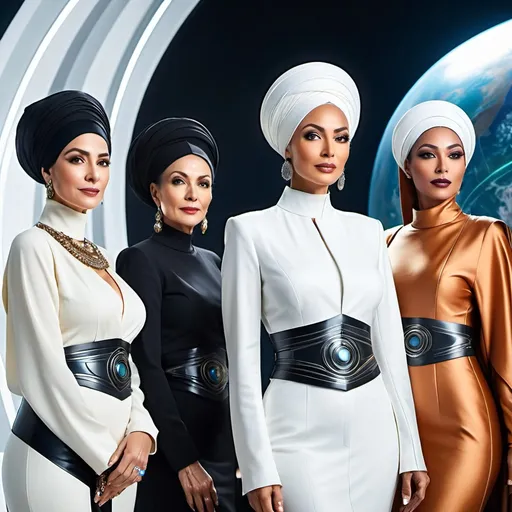 Prompt: Post-modern Middle-aged Women of the most beautiful ethnicity in the world, in avant-garde attire.
Islamic Enlightenment and hyper-modernity.
Futurism, 25th century, space-colonization, sci-fi planet.