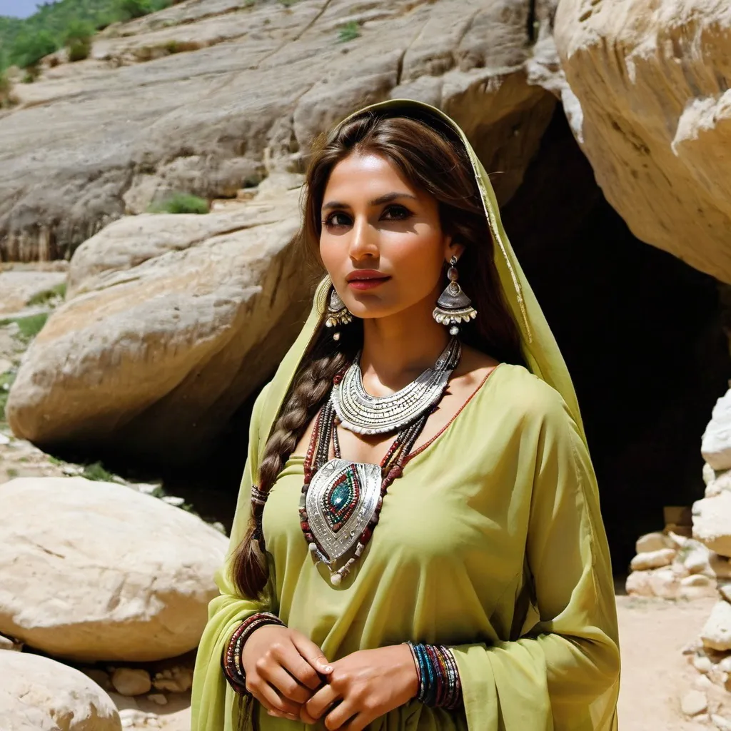 Prompt: Pakistani stone-age tribeswoman Beauty outside a cave.