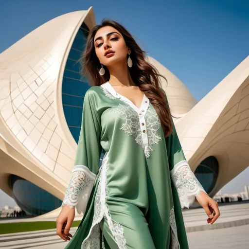 Prompt: Harem pajama.
(Pakistani lovely exquisite expressive model). Outdoor fashion shoot at Heydar Aliyev Centre in Baku, Azerbaijan.
(natural sunlight), vibrant colors, (soft flowing fabric), lush greenery background, (summer vibe), high fashion styling, (HD), (dynamic pose), (intricate lace details), light breeze creating movement, captivating atmosphere.