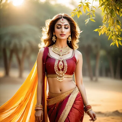 Prompt: An attractive Pakistani woman, a perfect woman, (Iman Ali of Lahore), in traditional bharatanatyam costume and jewelry, her face perfectly serene, her body perfectly relaxed. 
Standing amidst a radiating swirl of silk-zari-swathes. A gentle shaft of warm sunlight focusses light on her perfect midriff.
Nature worship. Boho aesthetic.
Full shot, view of her whole form.
Ethereal, hyper-real.