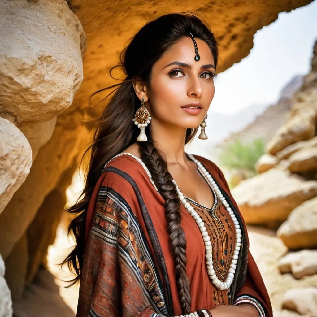 Prompt: Pakistani stone-age tribeswoman Beauty outside a cave.