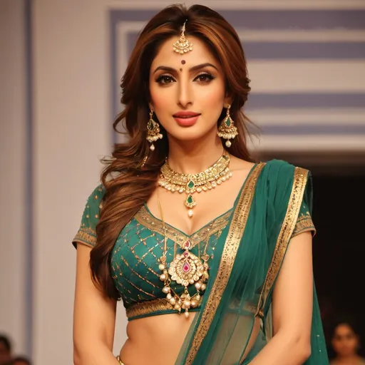 Prompt: An attractive Pakistani woman, a perfect woman, (Iman Ali of Lahore + Mehwish Hayat), her face perfectly serene, her body perfectly relaxed. 
Standing. 
Apparel: (In traditional odissi-dance costume and jewelry, deep neck, short bodice, low waist:1.3)
Hair: (2-yard long hair, (braided:1.6) with gold-ribbons:1.3). 
A dappled shaft of warm sunlight focusses light on her perfect midriff.
Nature worship. Indian aesthetic.
(Full body shot:2.0), (full view of her whole form:2.0)
Ethereal, hyper-real.