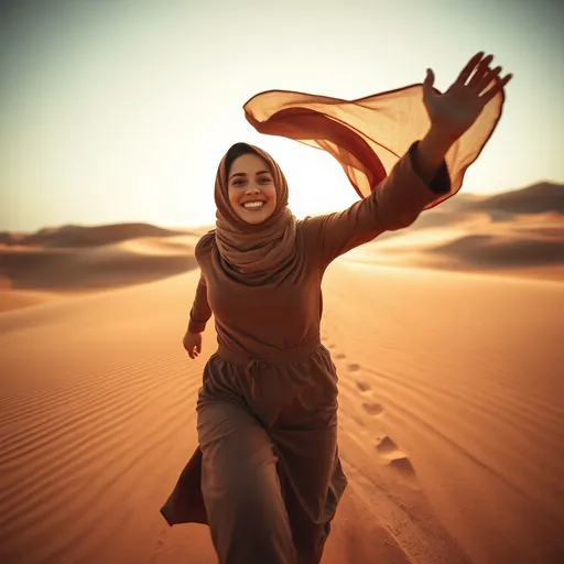 Prompt: Beautiful young happy Bedouin Woman, running, her burkha flutters aloft in the wind-swept Sahara Desert (front view), (near-up), (radiant joy), pose revealing supple grace, strong lighting creating highlights and shadows, rolling dunes, rich textural details, (high-definition), (camera shake:1.6), (dirty frame:1.6), edgy and playful composition, elevating mood.