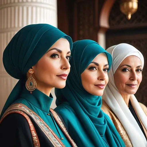 Prompt: Post-modern Middle-aged Women of the most beautiful ethnicity in the world, in traditional attire.
Islamic Enlightenment and hyper-modernity.
Futurism, 25th century.