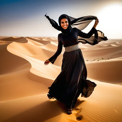 Prompt: Beautiful young happy Bedouin Woman, standing still, her burkha flutters aloft in the wind-swept Sahara Desert (front view), (near-up), (radiant joy), pose revealing supple grace, strong lighting creating highlights and shadows, rolling dunes, rich textural details, (raw image), (camera shake), (dirty frame), edgy and playful composition, elevating mood, (peripheral blur), (background blur).