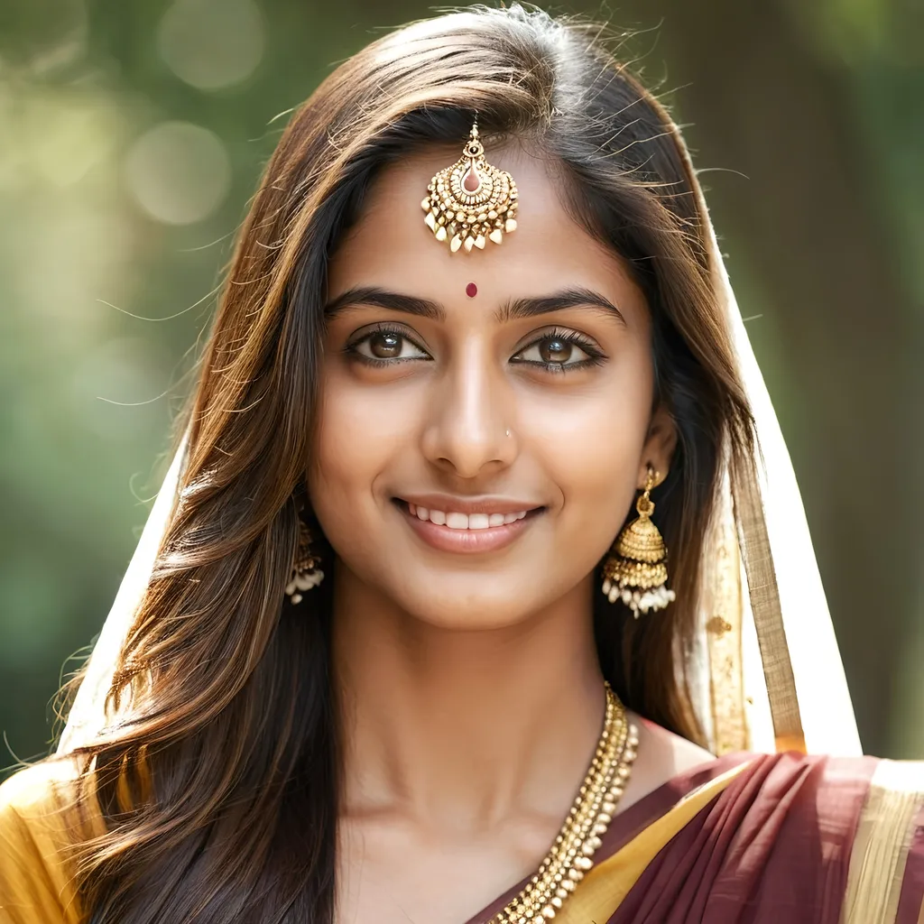 Prompt: A beautiful young Hindu woman with smooth, radiant skin, large almond-shaped eyes, long eyelashes, and full lips. Her face is slightly tilted with a soft smile, giving a serene and elegant expression. Long, flowing hair cascading down her shoulders, slightly wavy with a natural shine, light brown in color, catching the light. Wearing a soft, flowing half-saree in pastel colors, standing in a natural pose with grace. The half-saree is slightly blowing in the breeze. Standing in a sunlit meadow with flowers blooming, surrounded by a soft, golden light from the setting sun. Realistic, high-resolution, cinematic style with attention to detail, capturing a soft, natural beauty.