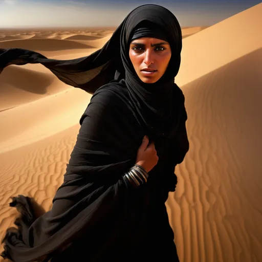 Prompt: Lovely Bedouin Woman, her burkha flutters in the wind-swept Sahara Desert (front view), (near-up), (straining intensity), strong lighting creating highlights and shadows, sweaty skin, rolling dunee, pose revealing strong grace, rich textural details, (high-definition), edgy and dense composition, dramatic mood.