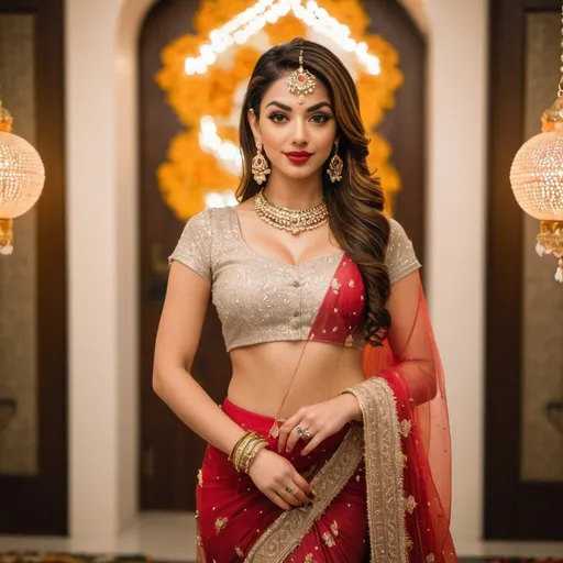 Prompt: Full shot of a beautiful, well-proportioned, physically-attractive, woman, standing, with graceful sway, looking at us. South Asian beauty standards.
A bride, in a mirrored ante-room.
Adorned with bindi, necklaces, earrings, flowers in the hair, finger rings, bangles, armlets, waistbands, ankle-bells, kajal-eye-liner, toe-rings, henna-tattoo, perfume, sandal wood paste, flowing silk shawl and lower silk garment.
Glamor with Grace.
Very decent woman, able to evoke awe and admiration. Fascination.