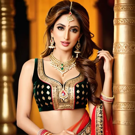 Prompt: An attractive Pakistani woman, a perfect woman, (Iman Ali of Lahore + Mehwish Hayat), her face perfectly serene, her body perfectly relaxed. 
Standing. 
Apparel: (In traditional odissi-dance costume and jewelry, deep neck, short bodice, low waist:1.3)
Hair: (2-yard long hair, braided with gold-ribbons:1.3). 
A dappled shaft of warm sunlight focusses light on her perfect midriff.
Nature worship. Indian aesthetic.
(Full body shot:2.0), (full view of her whole form:2.0)
Ethereal, hyper-real.