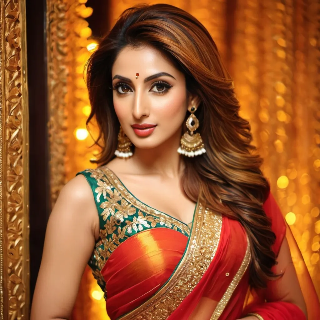 Prompt: An attractive Pakistani woman, a perfect woman, (Iman Ali of Lahore + Mehwish Hayat), her face perfectly serene, her body perfectly relaxed. 
Standing. 
(Apparel: In traditional bharatanatyam costume and jewelry, deep neck, short bodice, low waist.)
Silk-zari-swathes stretch in random directions, behind her form. 
A dappled shaft of warm sunlight focusses light on her perfect midriff.
Nature worship. Boho aesthetic.
Full shot, view of her whole form.
Ethereal, hyper-real.