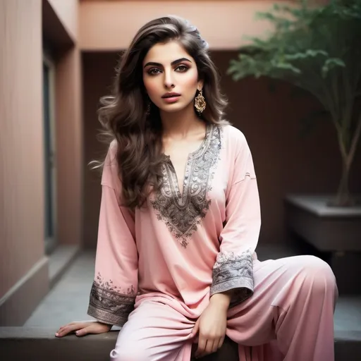 Prompt: Harem pajama.
Pakistani lovely exquisite expressive model. Outdoor fashion shoot.