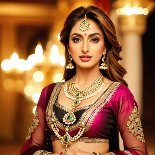 Prompt: An attractive Pakistani woman, a perfect woman, (Iman Ali of Lahore + Mehwish Hayat), her face perfectly serene, her body perfectly relaxed. 
Standing. 
Apparel: (In traditional odissi-dance costume and jewelry, deep neck, short bodice, low waist:1.3)
Hair: (2-yard long hair, braided with gold-ribbons:1.3). 
A dappled shaft of warm sunlight focusses light on her perfect midriff.
Nature worship. Indian aesthetic.
(Full body shot, full view of her whole form:2.0)
Ethereal, hyper-real.