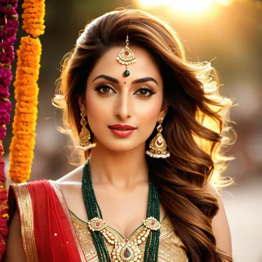 Prompt: An attractive Pakistani woman, a perfect woman, (Iman Ali of Lahore + Mehwish Hayat), her face perfectly serene, her body perfectly relaxed. 
Standing. 
(Apparel: In traditional bharatanatyam costume and jewelry, deep neck, short bodice, low waist.)
(Hair: 2-yard long hair, braided with gold-ribbons). 
A dappled shaft of warm sunlight focusses light on her perfect midriff.
Nature worship. Boho aesthetic.
(Full body shot, full view of her whole form.)
Ethereal, hyper-real.