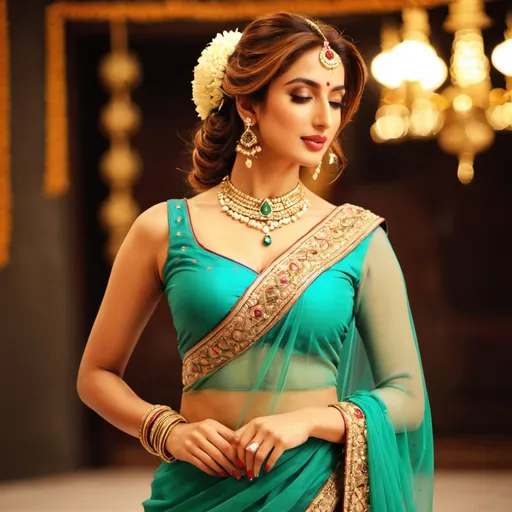 Prompt: An attractive Pakistani woman, a perfect woman, (Iman Ali of Lahore + Mehwish Hayat), her face perfectly serene, her body perfectly relaxed. 
Standing. 
Apparel: (In traditional bharatanatyam costume and jewelry, deep neck, short bodice, low waist:1.3)
Hair: (2-yard long hair, braided with gold-ribbons:1.3). 
A dappled shaft of warm sunlight focusses light on her perfect midriff.
Nature worship. Boho aesthetic.
(Full body shot, full view of her whole form:2.0)
Ethereal, hyper-real.