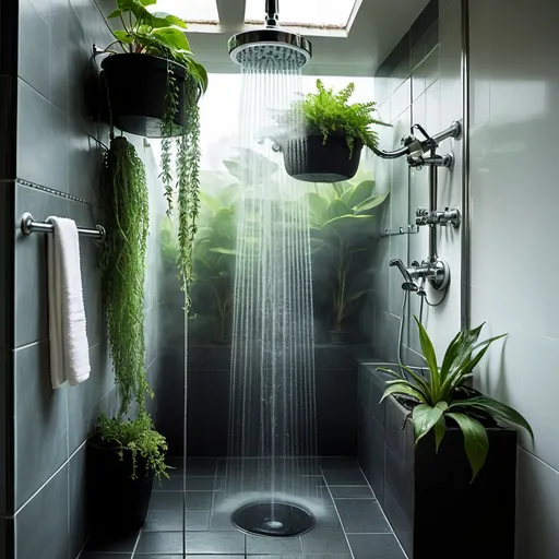 Prompt: glasshower with plants and steam and water running down the glas

