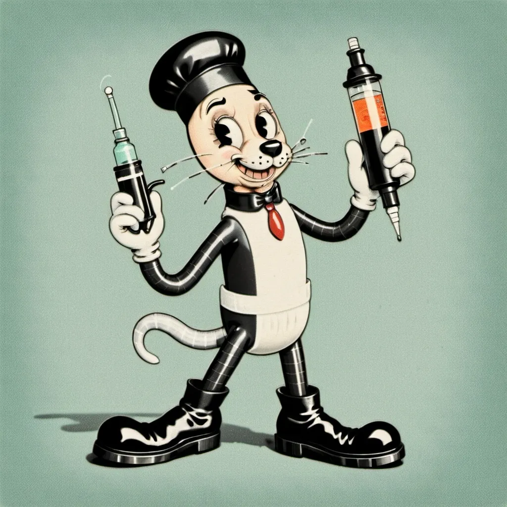 Prompt: 1930s rubberhose style illustration of an anthropomorphics syringe, wearing white gloves and with two black Doc Marten Boots