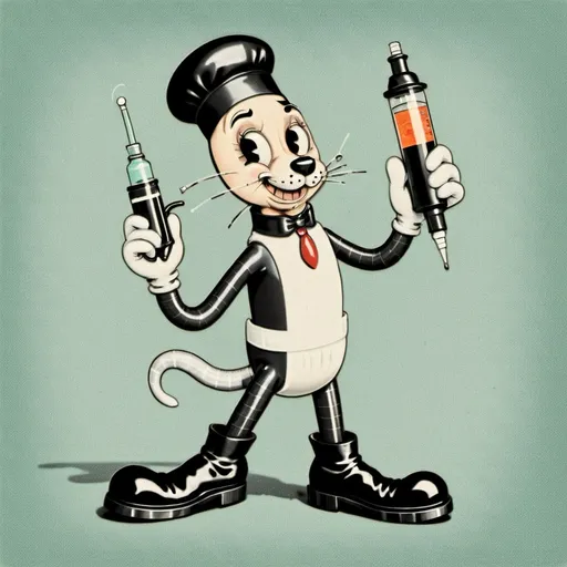 Prompt: 1930s rubberhose style illustration of an anthropomorphics syringe, wearing white gloves and with two black Doc Marten Boots