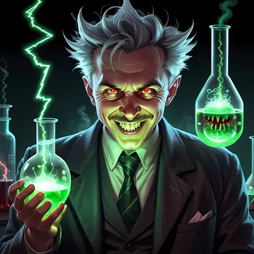 Prompt: an evil looking scientist with glowing red eyes ad sharp teeth like many rows of fangs with a malicious smile holding a glowing green vial of steaming bubbling chemical while he has spikes growing out of his back hyper realistic with an anime twist. glowing scene dark background with tesla coil and laboratory filled with beakers and different glassware. secret lab. electricity flowing off the tesla ball like lightning strikes