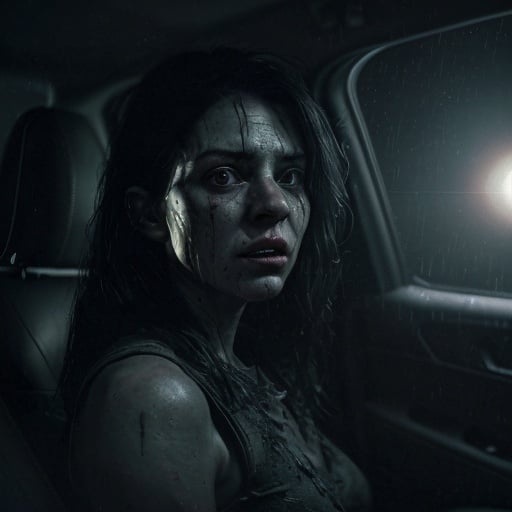 Prompt: An interior shot captures a woman inside her car through a dark hurricane night in 1989, scared, the hand of a gray alien outside of the window, set on a lonely road, illuminated only by her car's headlights, creepy, horror film, with moonlight, photorealistic photo, 8k, hyperrealism, hyperrealistic, unreal engine render, highly detailed, ultra-realistic, octane render, horror film look, hyperrealistic and cinematic, atmospheric light, hyper detail, front view, dramatic shot, octane render, 4k, photo, wide shot, great detail, horror mood, cinematic look, Horror film, horror mood, horror look, Interior wide shot, night light, cinematic lighting, very detailed, hyper-realistic, hyperreal, anti-aliasing, intricate details, maximum detail, ultra-detailed, volumetric lighting, soft lighting 8k, HDR, ultra-detailed.