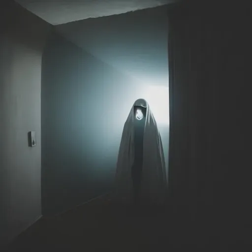 Prompt: A ghost in the corner of a dark bedroom at night, 4k, photo, high detail, horror mood.