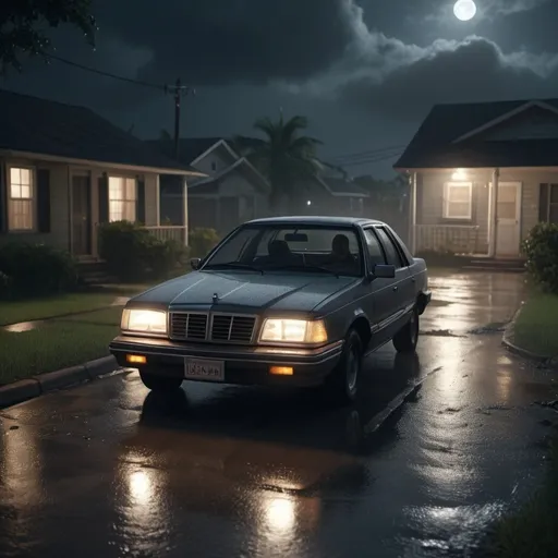Prompt: A bird's-eye view shows a woman sprinting from her home to her car in the midst of a hurricane at night in 1989, creepy, horror film, with moonlight, photorealistic photo, 8k, hyperrealism, hyperrealistic, unreal engine render, highly detailed, ultra-realistic, octane render, horror film look, hyperrealistic and cinematic, atmospheric light, hyper detail, front view, dramatic shot, octane render, 4k, photo, wide shot, great detail, horror mood, cinematic look, Horror film, horror mood, horror look, Interior wide shot, night light, cinematic lighting, very detailed, hyper-realistic, hyperreal, anti-aliasing, intricate details, maximum detail, ultra-detailed, volumetric lighting, soft lighting 8k, HDR, ultra-detailed.