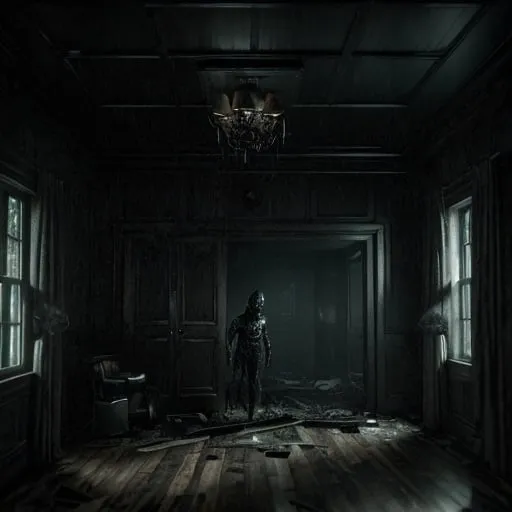 Prompt: A dark mothman creature is inside a dark living room, there's a hole in the wood ceiling and debris on the floor, strong winds, and outside is a stormy night. Horror film look. Hyperrealistic and cinematic. Atmospheric light, hyper detail, front view, dramatic shot, octane render, 4k, photo, wide shot, great detail, horror mood, cinematic look, Horror film, horror mood, horror look, Interior wide shot, night light, cinematic lighting, very detailed, hyper-realistic, hyperreal, anti-aliasing, intricate details, maximum detail, ultra-detailed, volumetric lighting, soft lighting 8k, HDR, ultra-detailed.