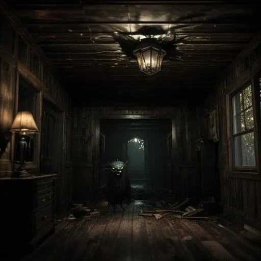 Prompt: A dark mothman creature is lurking inside a wooden home, there's a hole in the wood ceiling and debris on the floor, strong winds, and outside is a stormy night. Horror film look, hyperrealistic and cinematic, atmospheric light, hyper detail, front view, dramatic shot, octane render, 4k, photo, wide shot, great detail, horror mood, cinematic look, Horror film, horror mood, horror look, Interior wide shot, night light, cinematic lighting, very detailed, hyper-realistic, hyperreal, anti-aliasing, intricate details, maximum detail, ultra-detailed, volumetric lighting, soft lighting 8k, HDR, ultra-detailed.